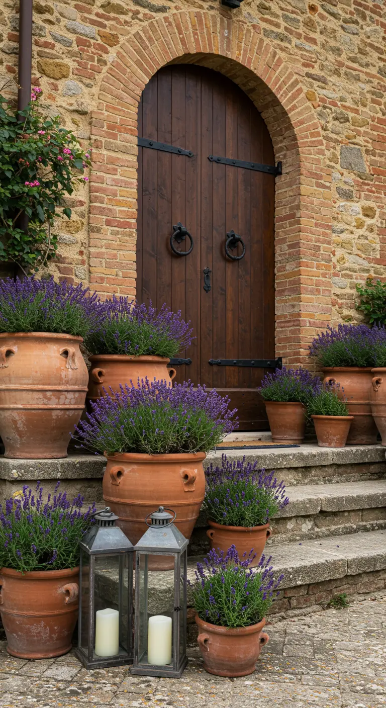 Escalones de piedra flanqueados por numerosas macetas de terracota con lavanda y farolillos.
