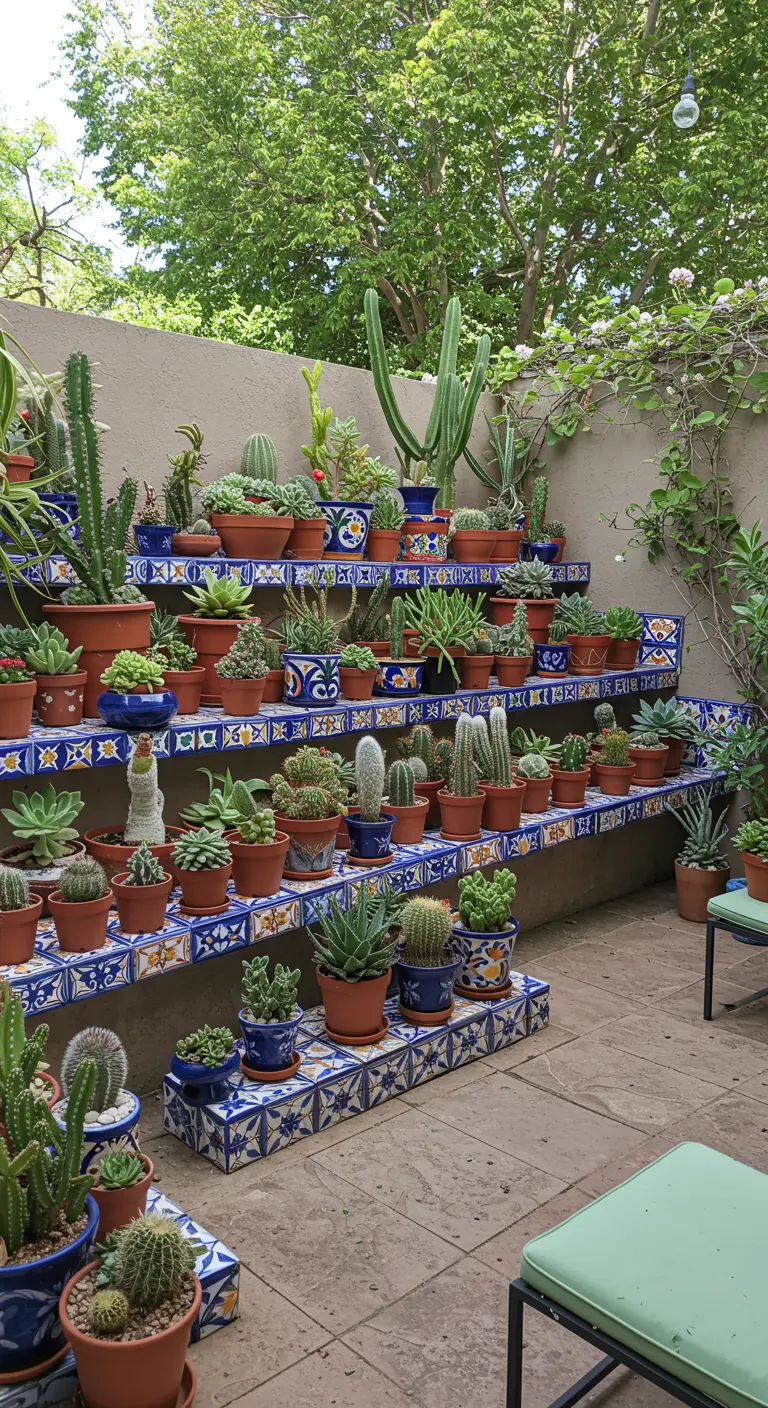 Expositor escalonado lleno de cactus y suculentas, con los frentes decorados con talavera.