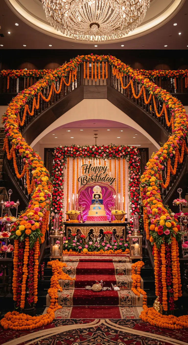 Gran escalera de madera decorada profusamente con guirnaldas de flores para una fiesta de cumpleaños.
