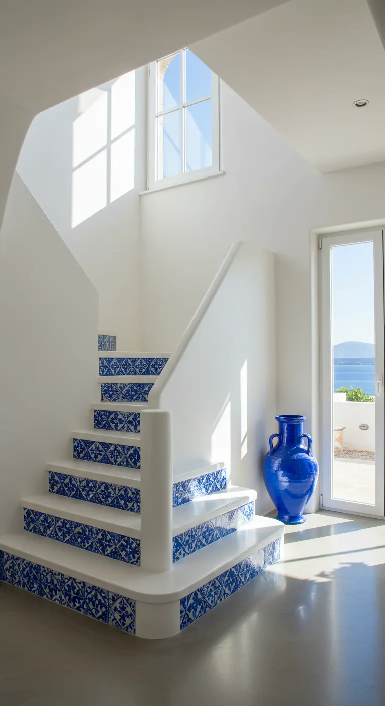 Escalera blanca minimalista con contrahuellas decoradas con azulejos de cerámica azul y blanca.