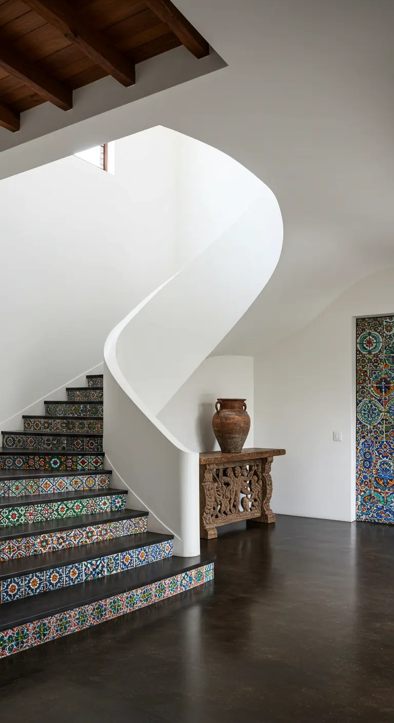 Escalera con contrahuellas decoradas con una variedad de azulejos de Talavera de colores.
