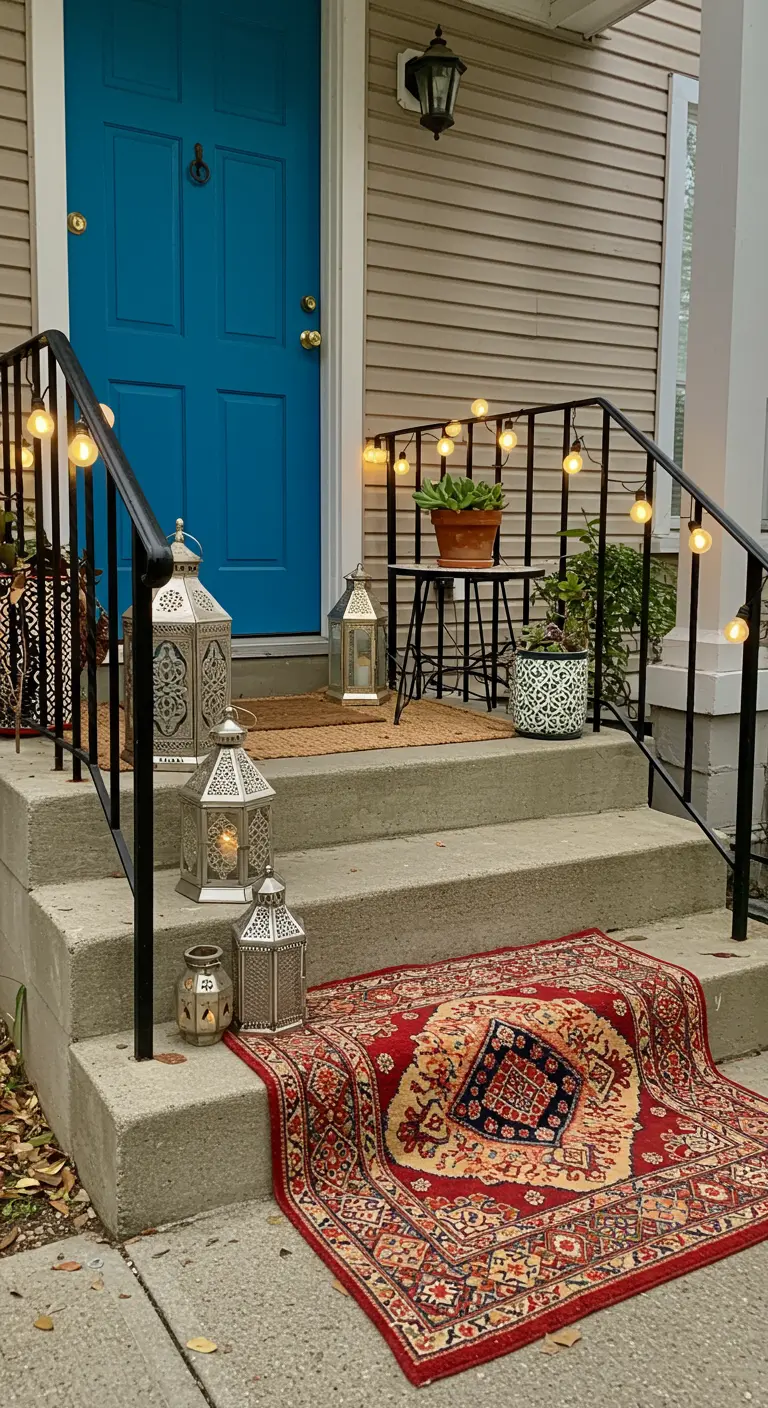 Escalones de entrada decorados con una alfombra persa y una colección de faroles plateados con velas