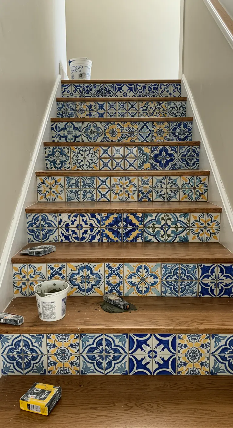 Escalera de madera con las contrahuellas decoradas con diferentes patrones de azulejos de estilo portugués.