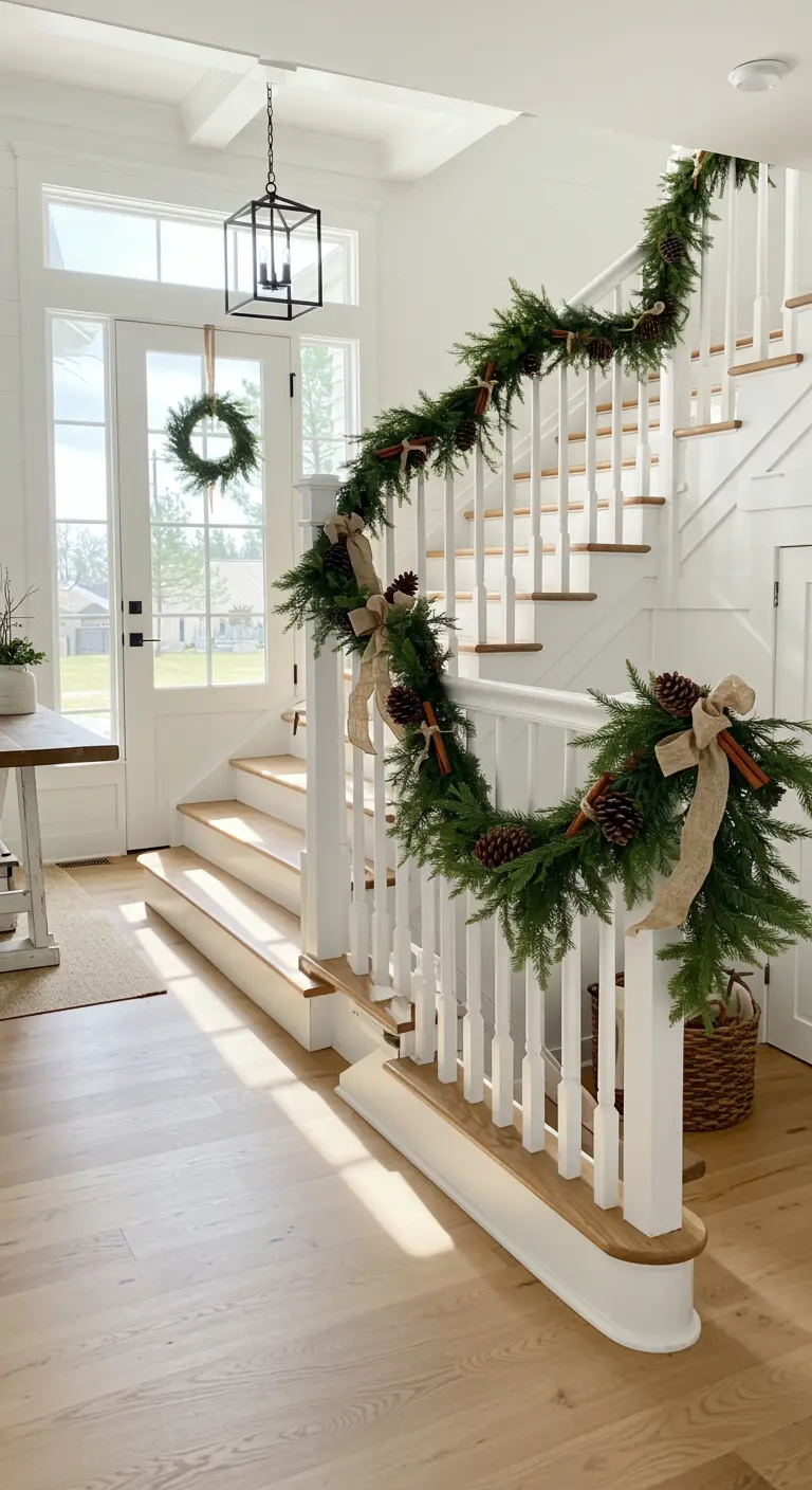 Guirnalda de pino con lazos de yute y piñas decorando la barandilla de una escalera blanca.