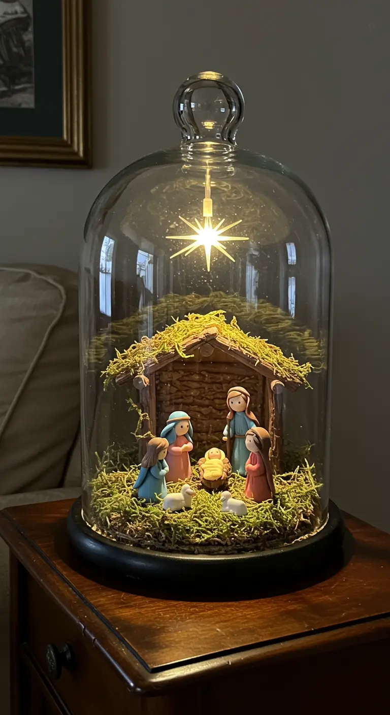 Belen en miniatura dentro de una campana de cristal, con musgo y una estrella iluminada.