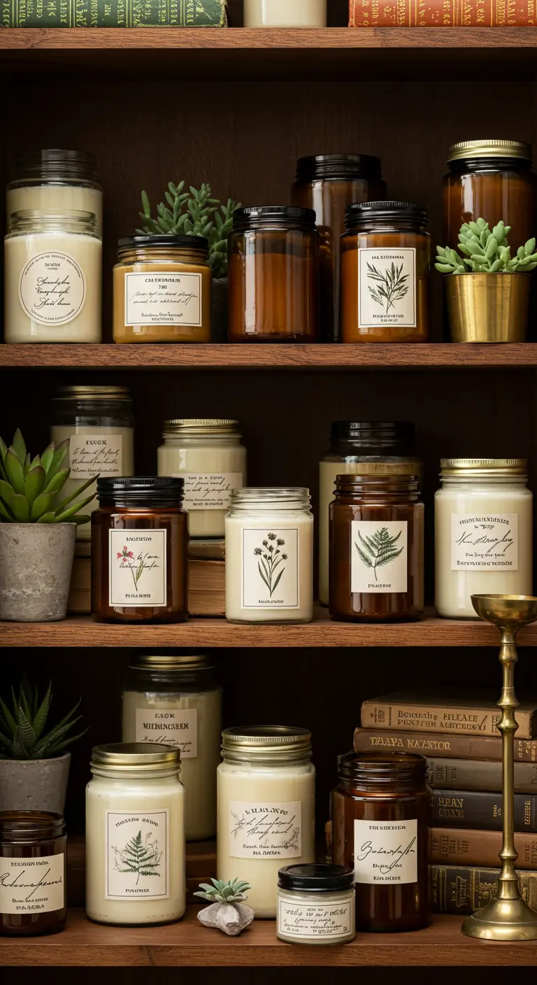 Estantería de madera oscura llena de velas artesanales en frascos de diferentes tamaños y estilos.