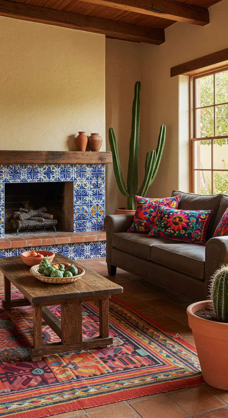 Sala de estar de estilo mexicano con chimenea de azulejos, cojines bordados y un gran cactus.