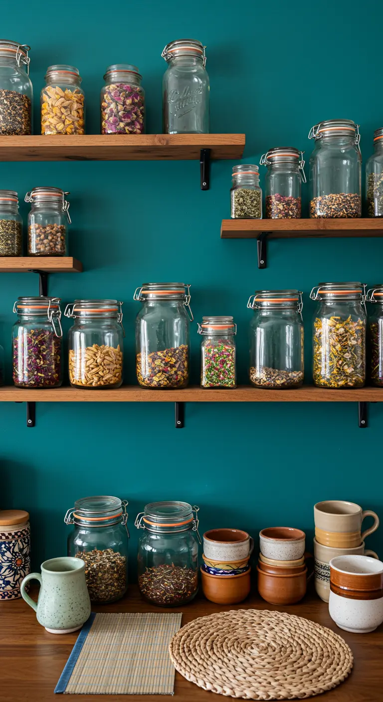 Estantes de madera con frascos de especias y tés contra una pared de color verde azulado intenso.