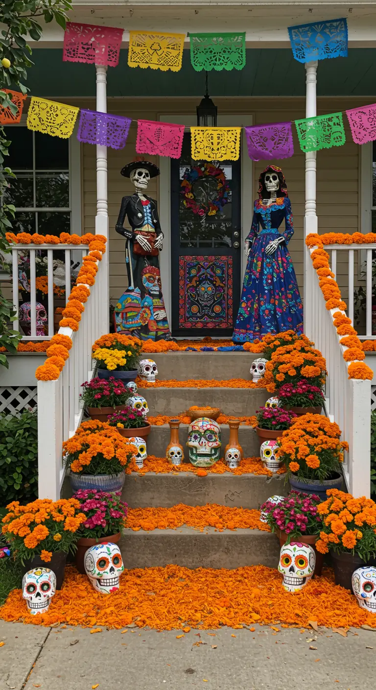 Porche decorado para el Día de Muertos con papel picado, flores de cempasúchil y calaveras.
