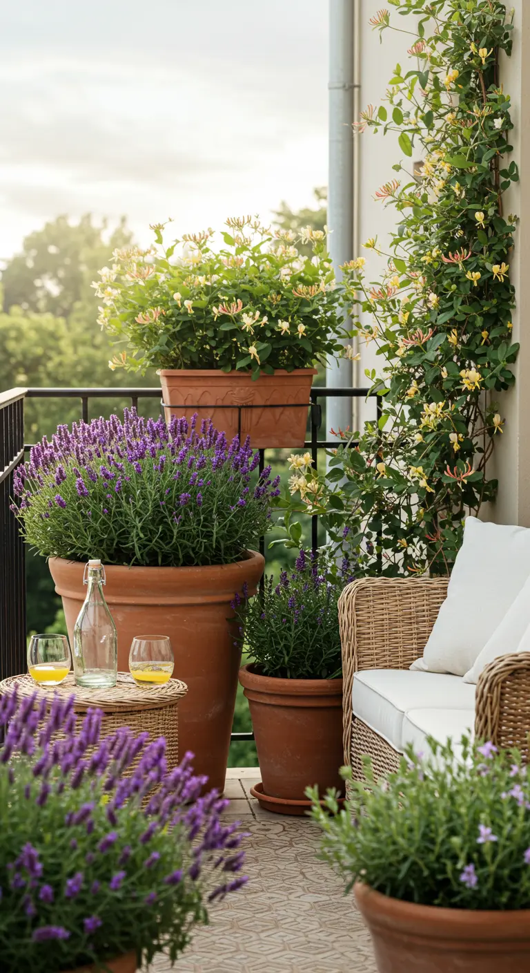 Terraza de estilo mediterráneo con sofás de mimbre, grandes macetas de terracota con lavanda y una enredadera.