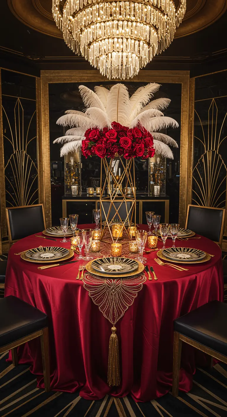 Lujosa mesa redonda Art Deco con mantel rojo, rosas y plumas blancas en un centro de mesa dorado.