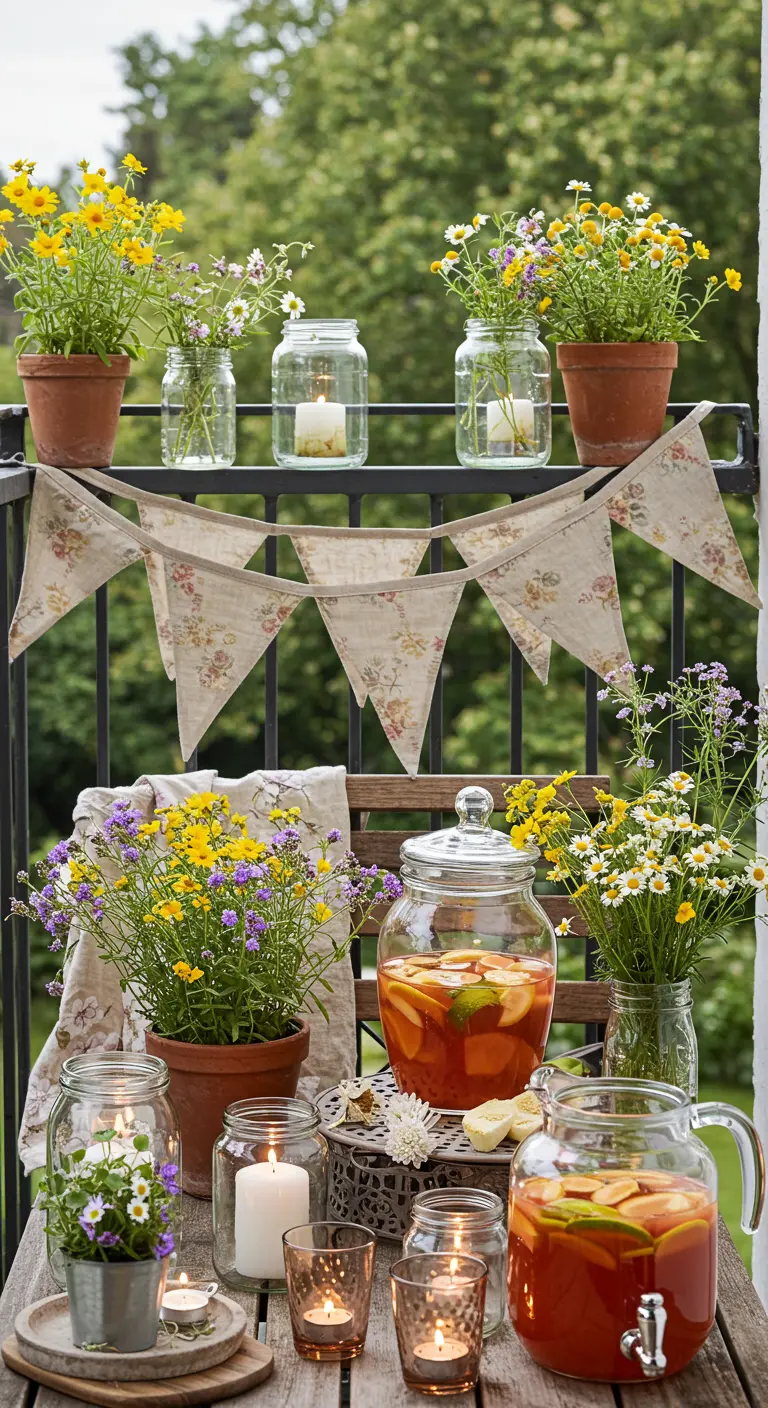 Mesa de balcón decorada para una fiesta con banderines, velas, jarras de bebida y muchas flores amarillas.