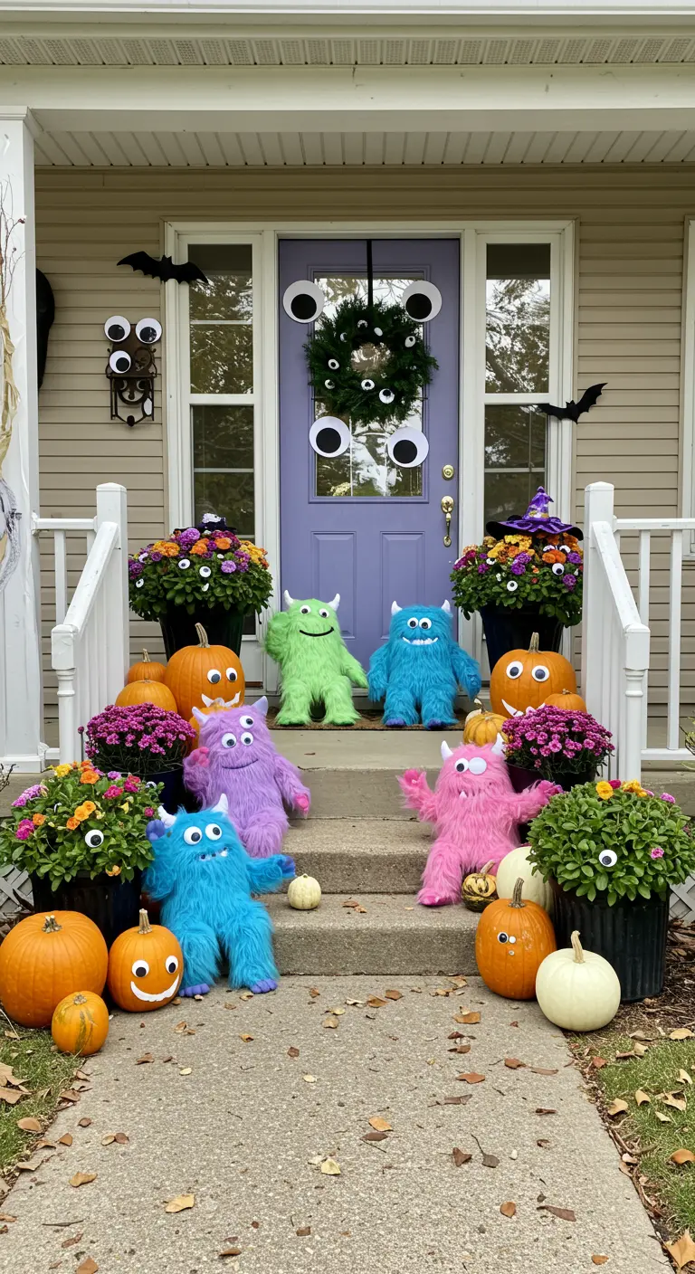 Porche lleno de monstruos peludos de colores, calabazas sonrientes y ojos saltones por todas partes.