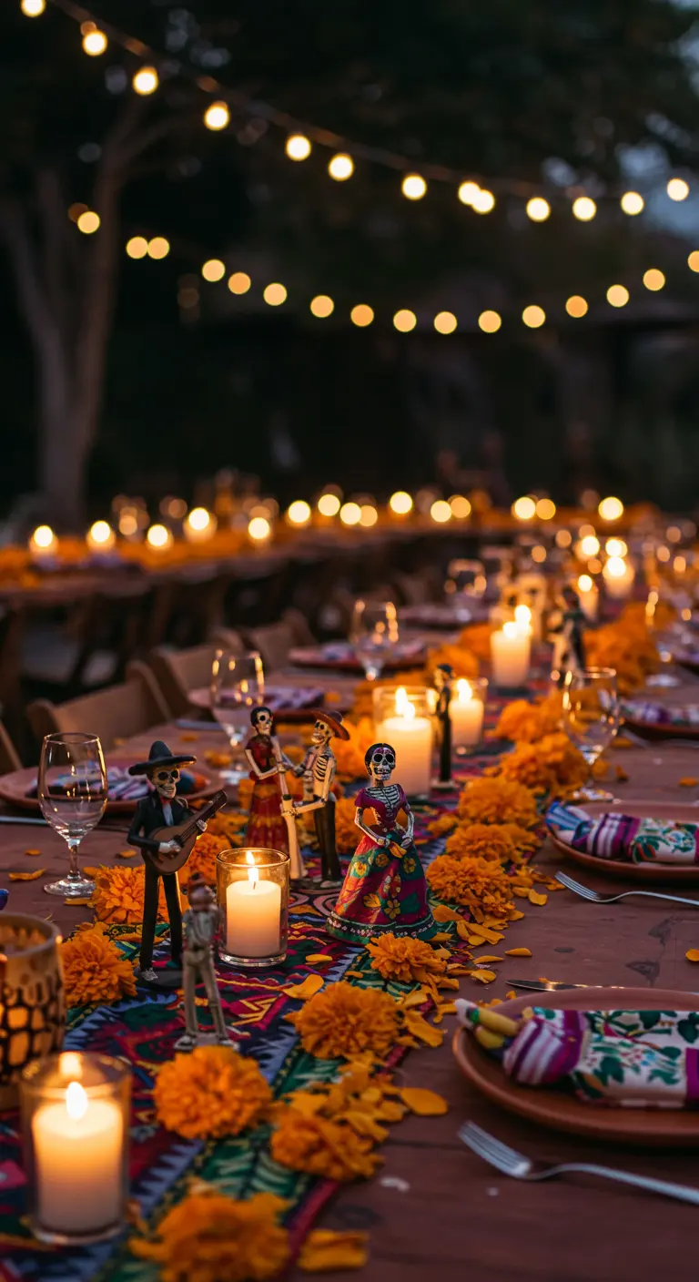 Mesa de fiesta del Día de los Muertos con Catrinas, velas y flores de cempasúchil.