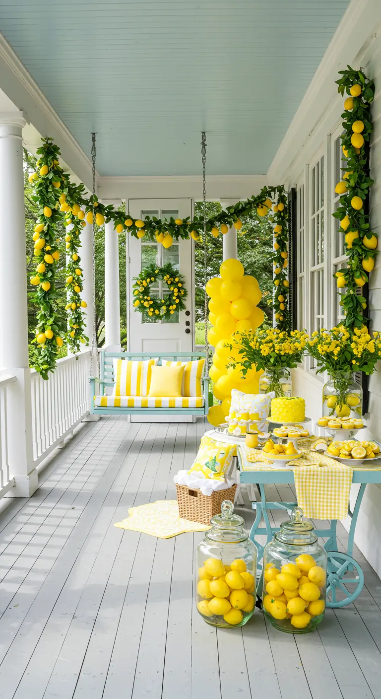 Porche de verano decorado para un cumpleaños con temática de limones, en tonos amarillos y azules.