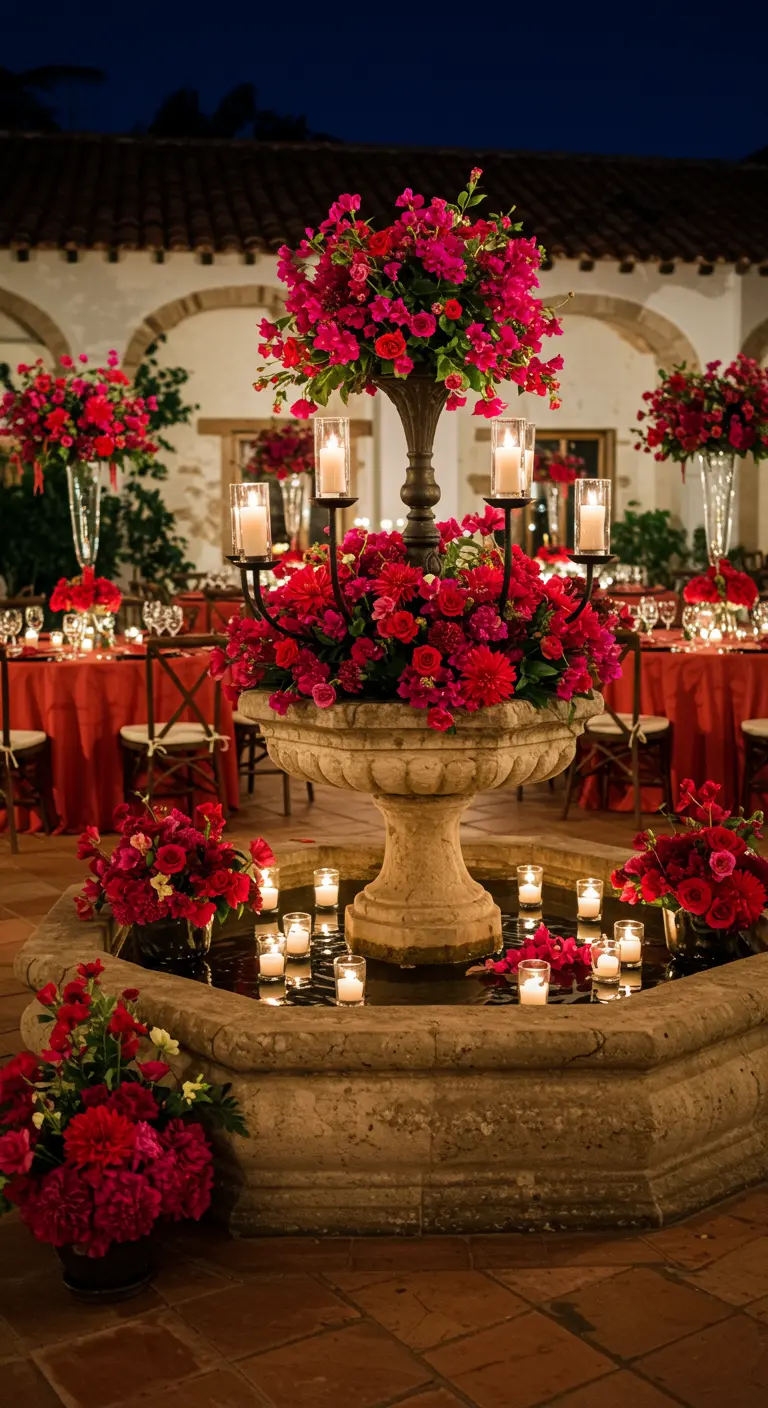 Fuente de piedra decorada con arreglos florales fucsias y velas flotantes para una boda.