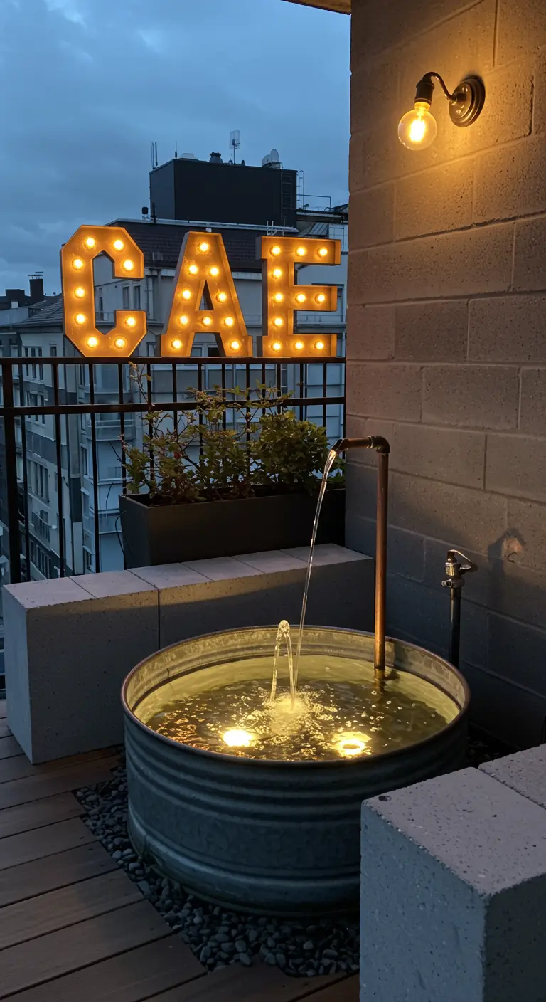 Fuente de agua en un cubo de zinc con letras de marquesina iluminadas en un balcón.