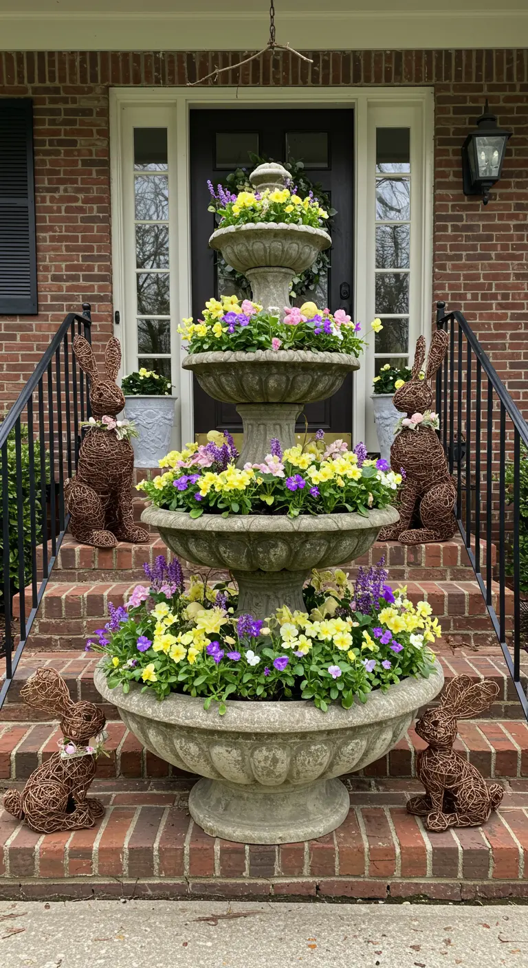 Fuente de jardín de varios niveles llena de flores amarillas y moradas para Pascua