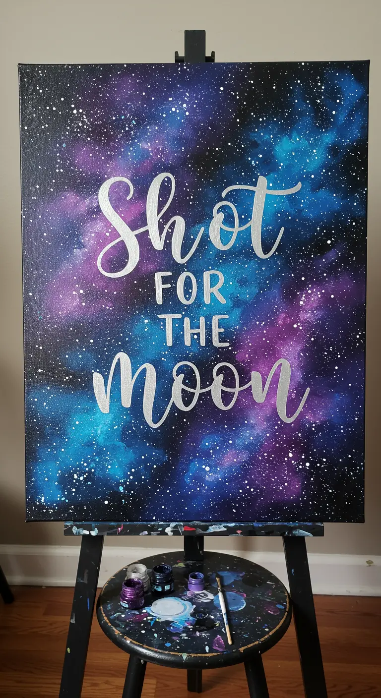 Lienzo con un fondo de galaxia y la frase 'Shoot for the moon' en letras plateadas.