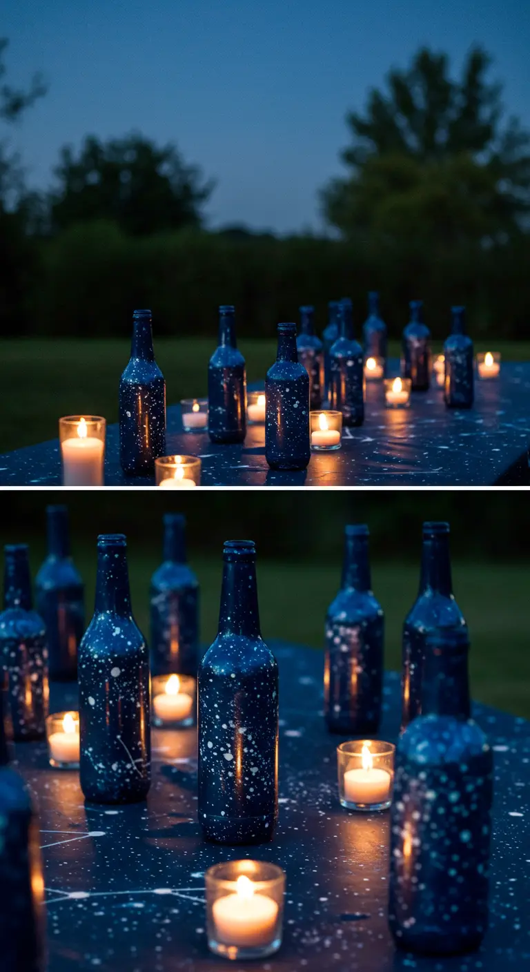 Portavelas de botella de color azul oscuro con salpicaduras de pintura blanca como estrellas.