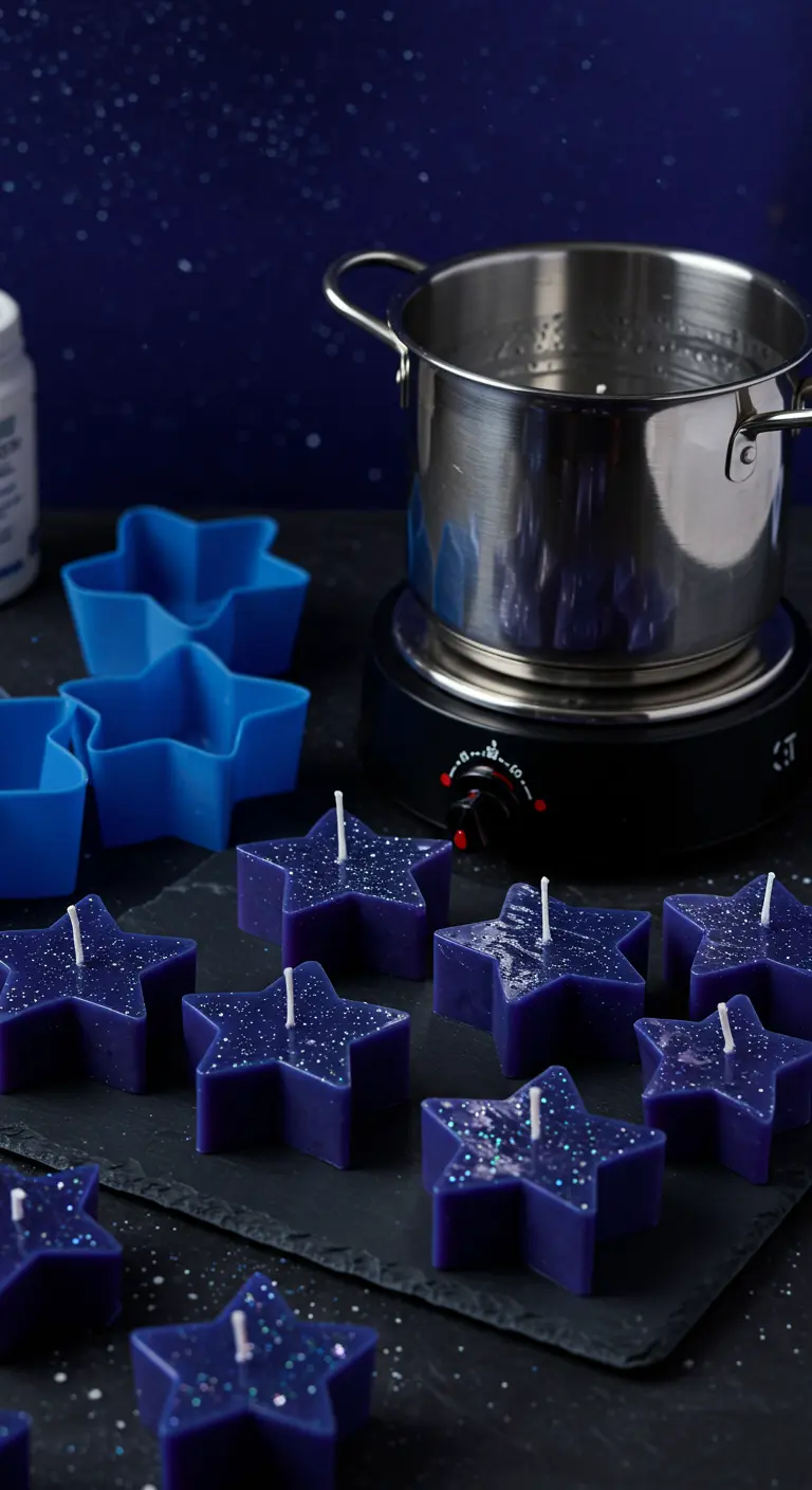 Velas caseras en forma de estrella de color azul con purpurina brillante