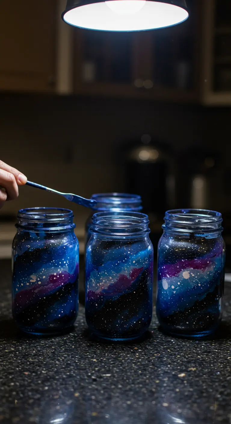 Frascos pintados a mano con un vibrante diseño de galaxia en azules y morados.
