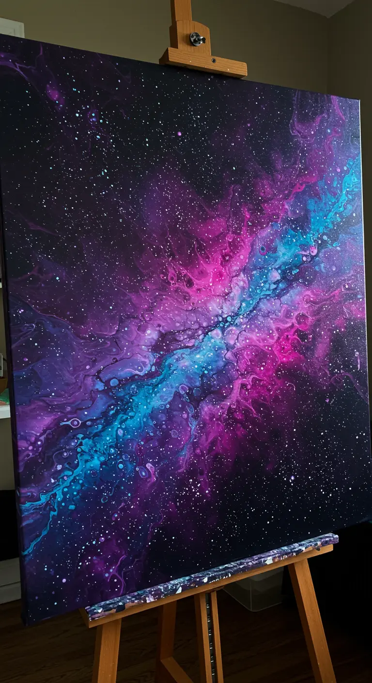 Lienzo de pintura fluida con efecto de galaxia en tonos morados y azules sobre un caballete