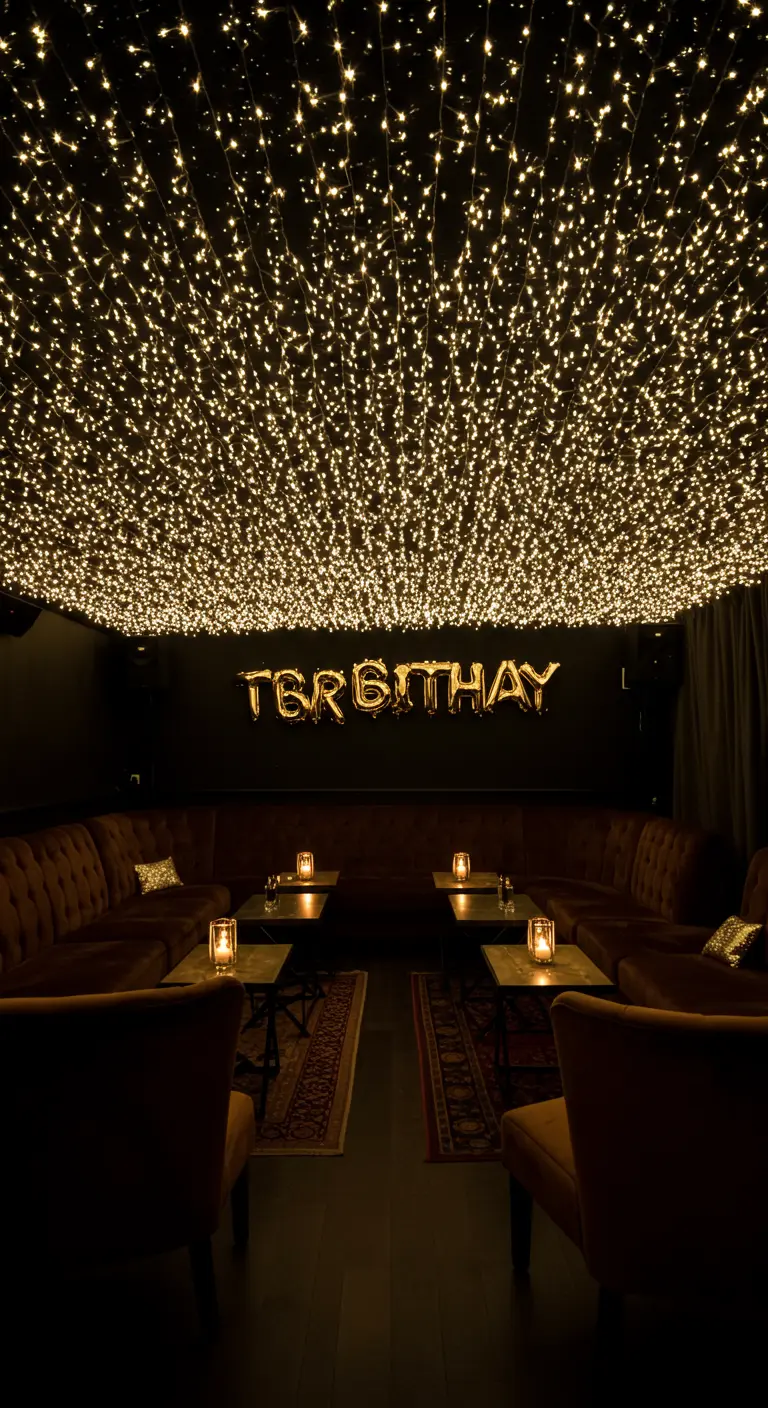 Salón oscuro con un techo completamente cubierto por miles de pequeñas luces de hadas.