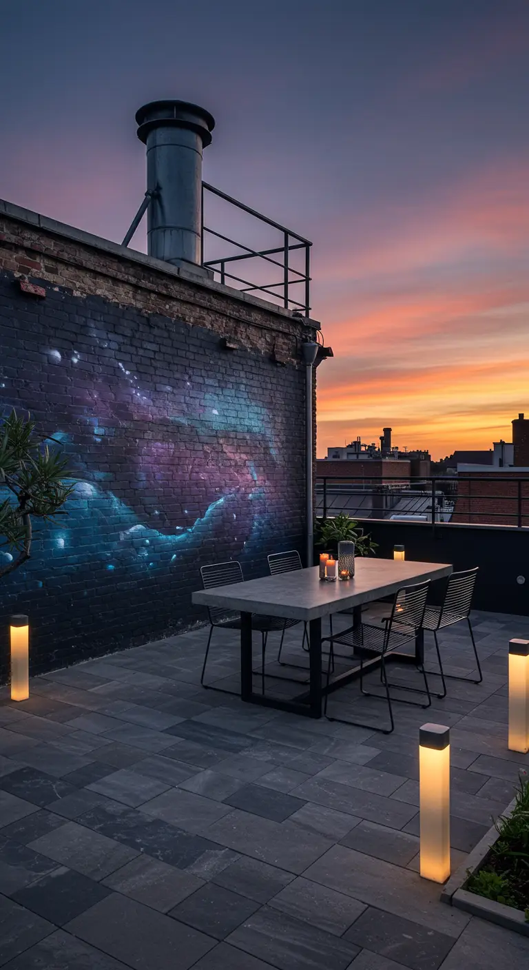 Terraza moderna con un mural de una galaxia en una pared de ladrillo y luces solares de pie
