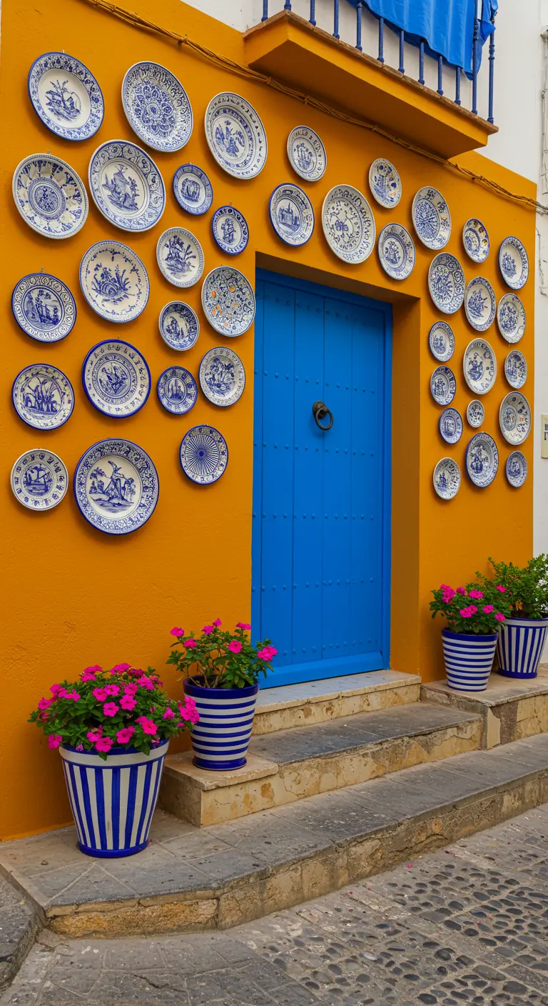 Pared amarilla con puerta azul decorada con una colección de platos de cerámica blanca y azul.