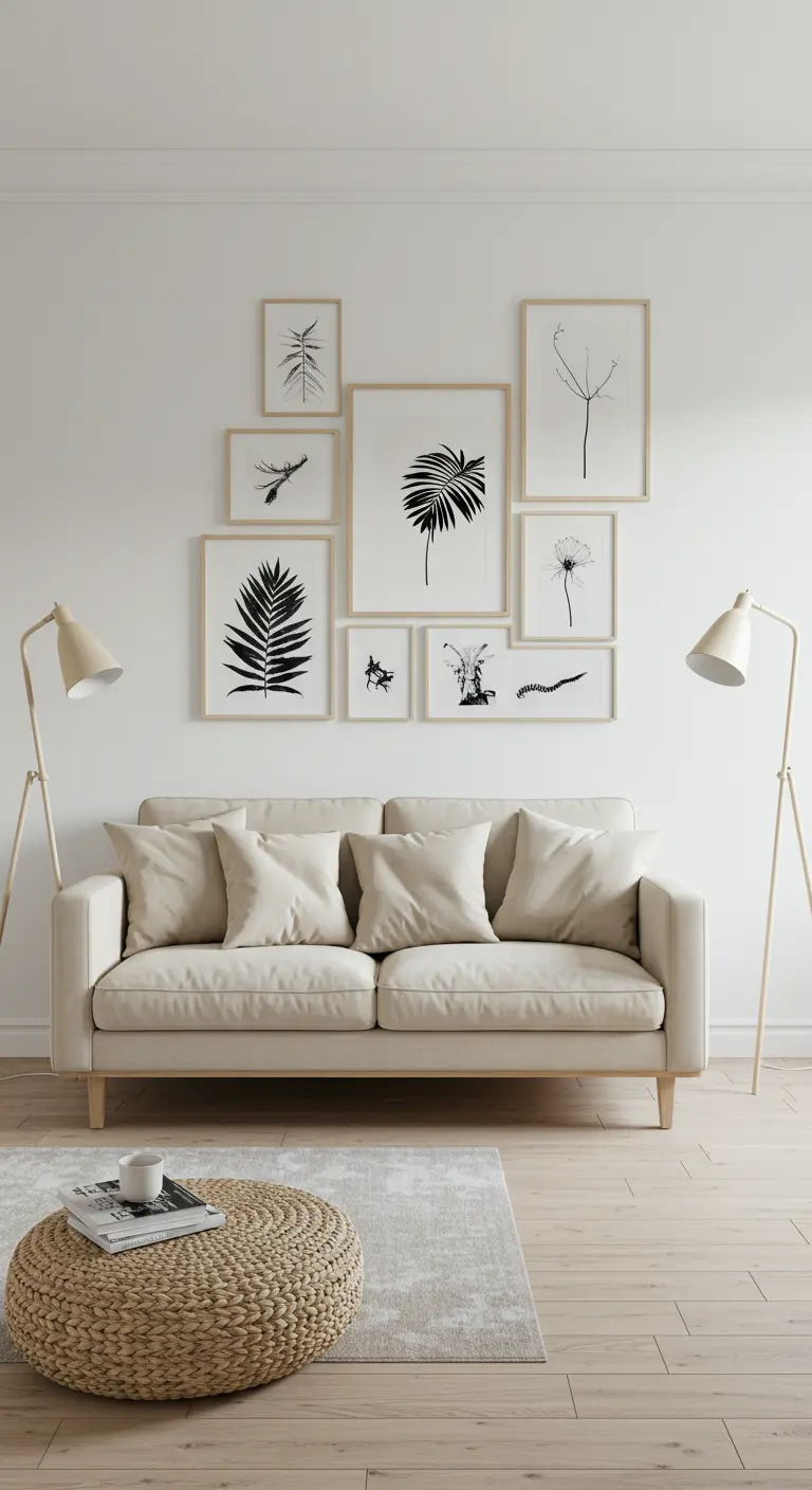 Pared con una galería de láminas botánicas enmarcadas sobre un sofá beige