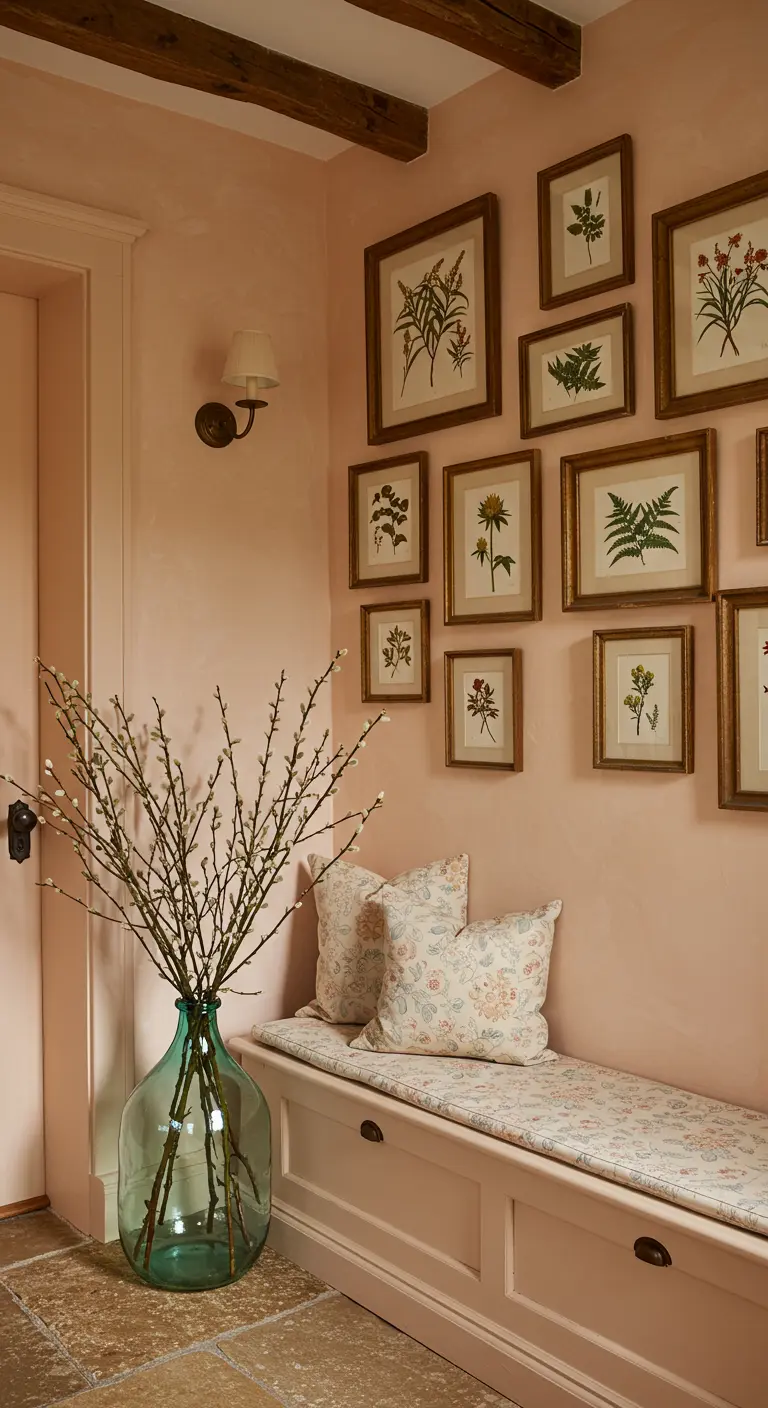 Recibidor con paredes rosas, una galería de láminas botánicas y un banco con cojines florales.
