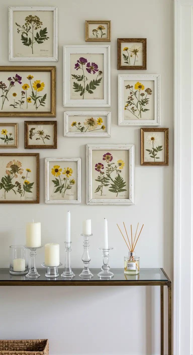 Pared blanca con una galería de cuadros de flores prensadas sobre una consola con velas.