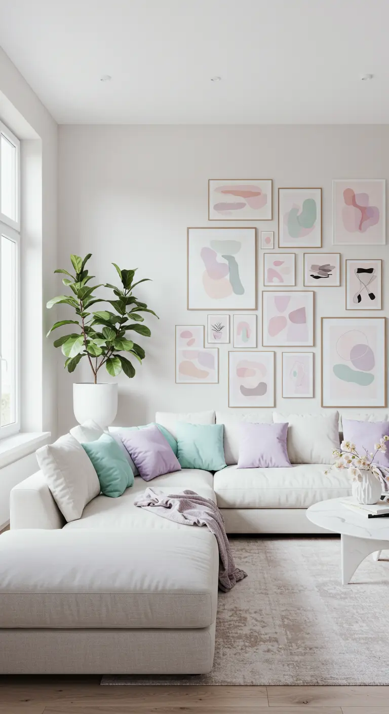 Salón con sofá blanco y una gran galería de cuadros con arte abstracto en tonos pastel.