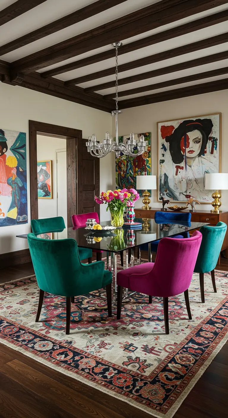 Comedor ecléctico con techo de vigas oscuras, arte colorido y sillas de terciopelo de colores