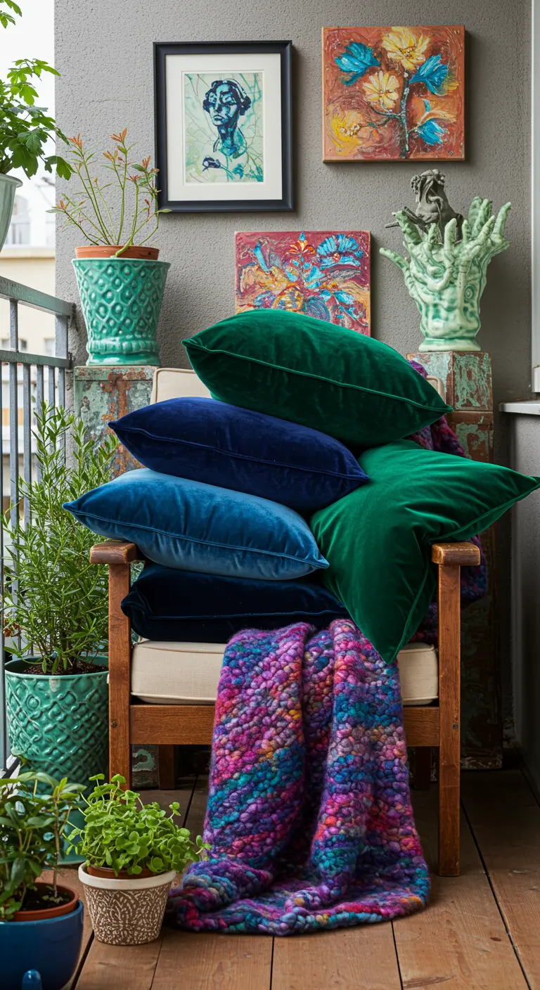Rincón de balcón con silla de madera, cojines de terciopelo de colores y cuadros en la pared.