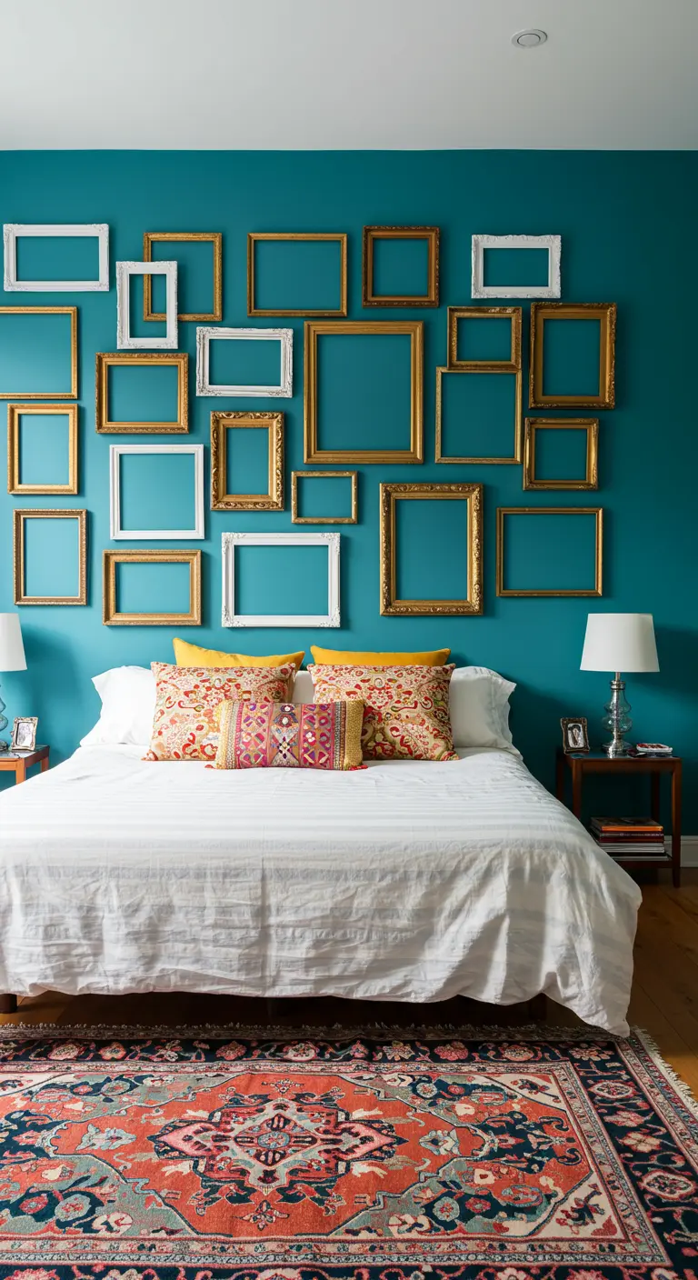 Colección de marcos de fotos vacíos dorados y blancos colgados en una pared turquesa, creando un cabecero artístico