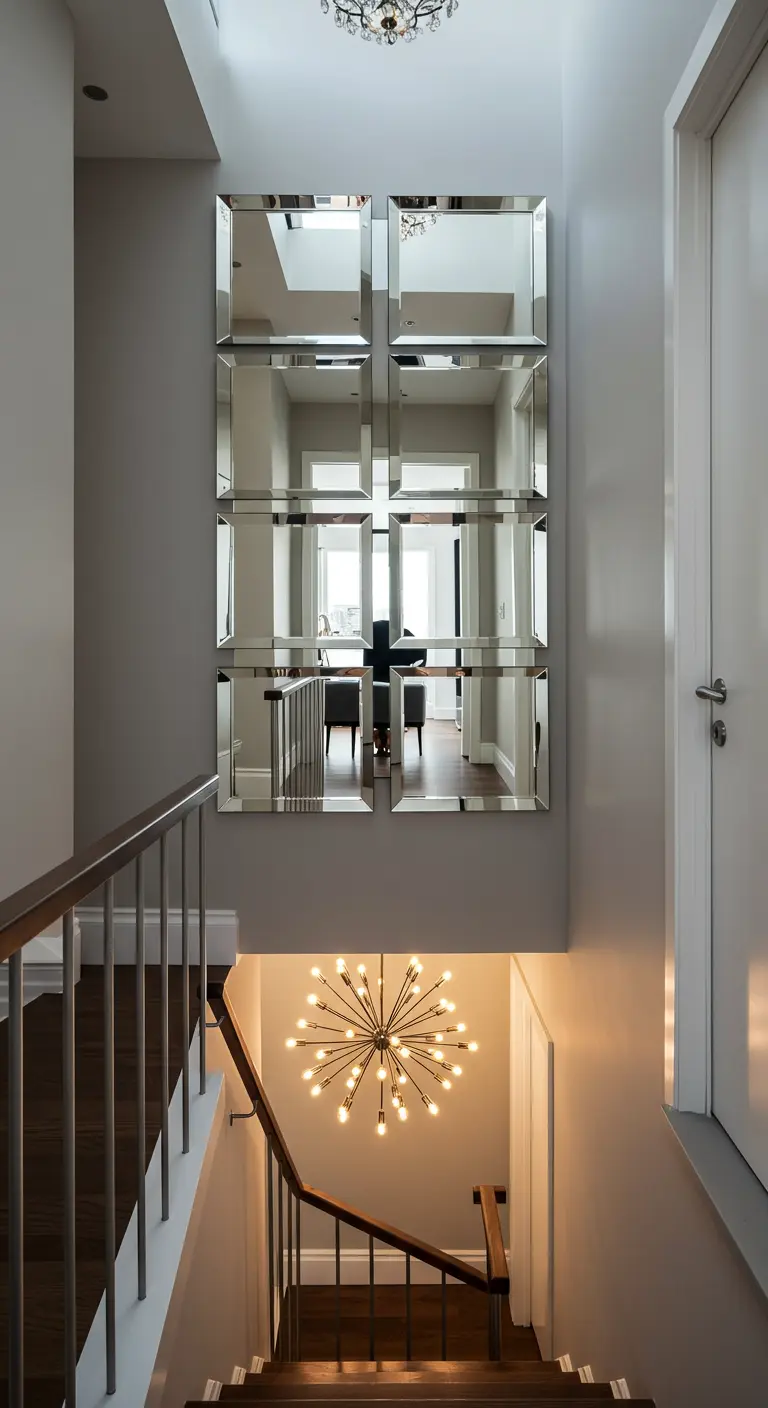 Pared de escalera decorada con una composición de nueve espejos cuadrados