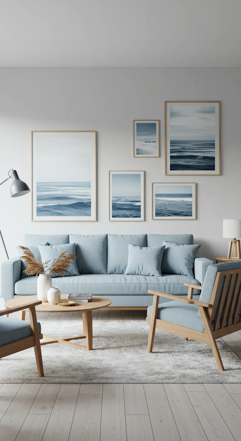 Sala de estar con sofá azul claro y una galería de cuadros de paisajes marinos en la pared