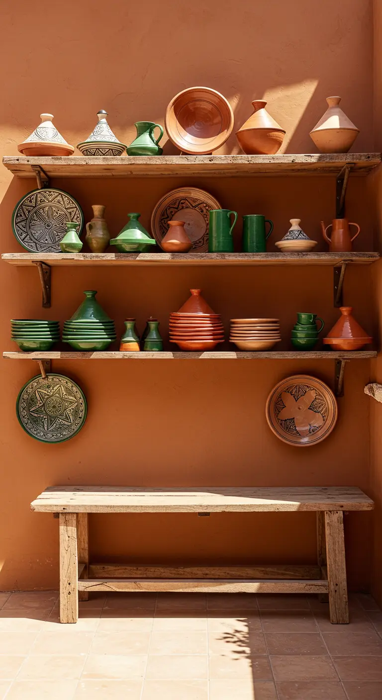 Estanterías de madera en una pared color terracota llenas de cerámica marroquí verde y naranja.