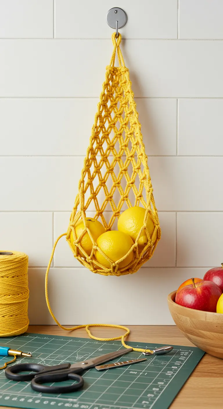 Hamaca de macramé amarilla llena de limones frescos, colgada en la cocina