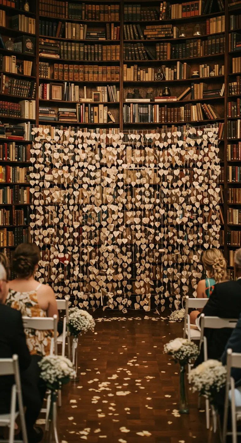 Telón de fondo de boda hecho con corazones de papel recortados de libros antiguos.