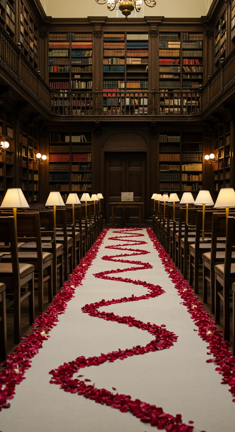 Pasillo sinuoso de pétalos rojos sobre una alfombra blanca en una biblioteca.