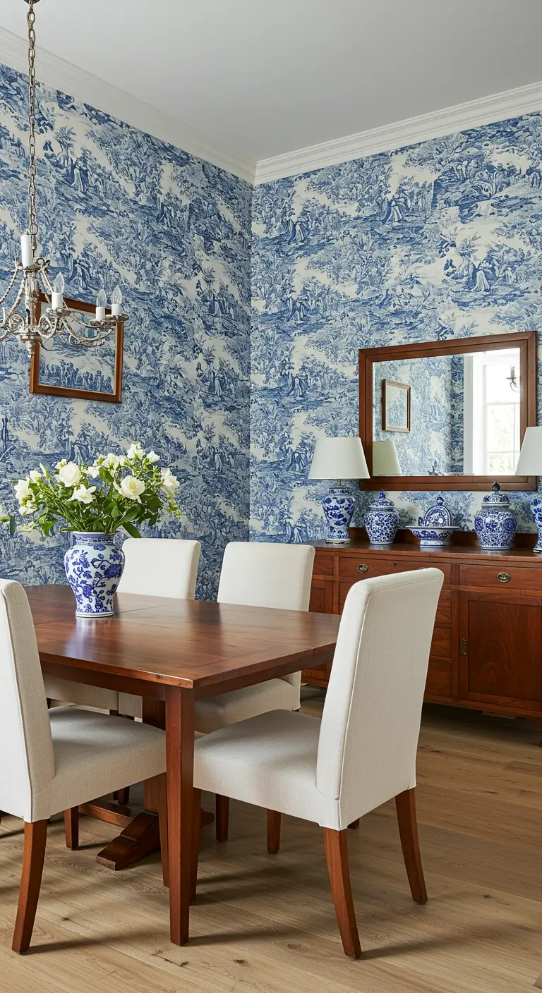 Comedor decorado con papel tapiz Toile de Jouy en azul y blanco, con cerámica a juego.