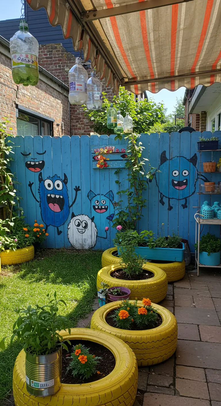 Jardín infantil con una valla azul pintada con monstruos, y maceteros hechos con neumáticos amarillos reciclados.