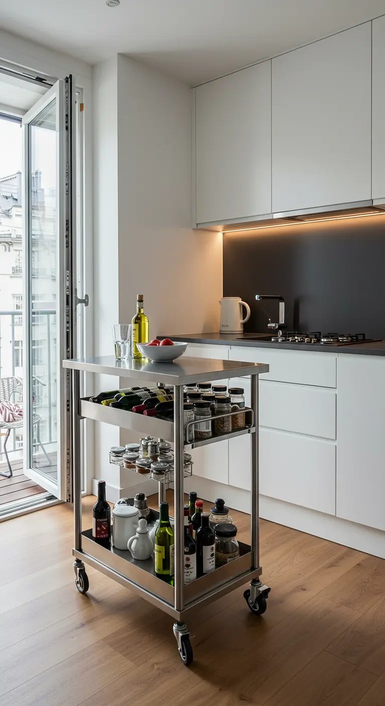 Carrito de cocina de acero inoxidable en una cocina moderna con armarios blancos.