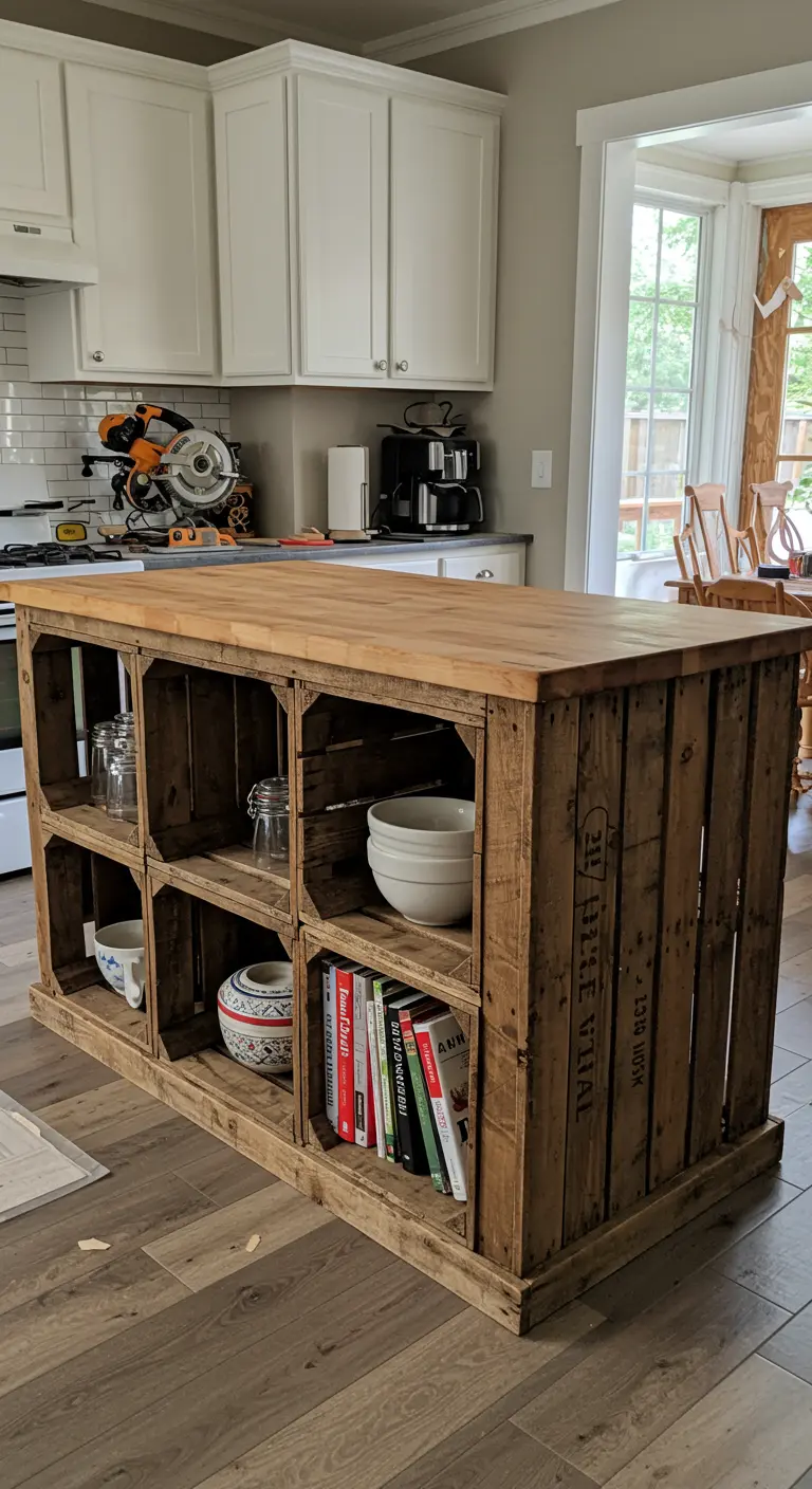 Isla de cocina DIY construida con cajas de madera y una encimera de madera maciza.