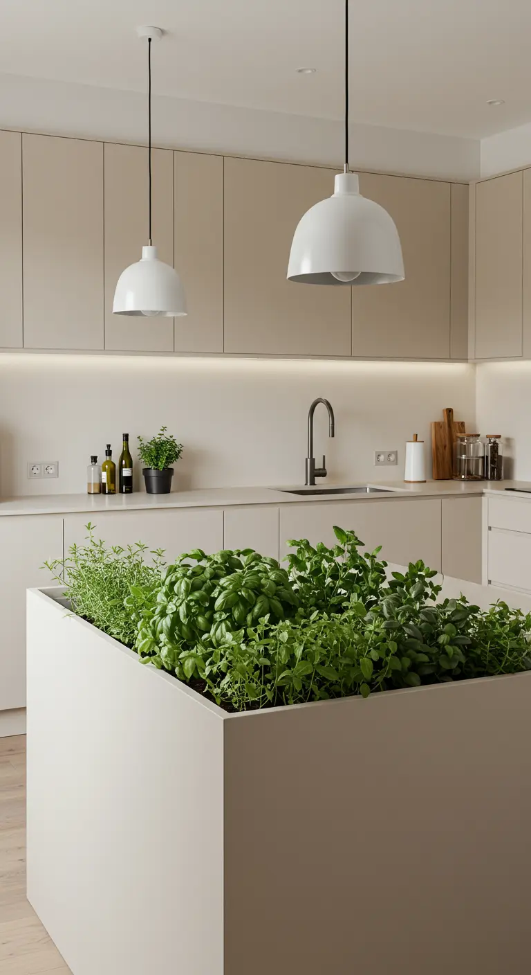 Isla de cocina blanca y minimalista utilizada como macetero para un jardín de hierbas frescas