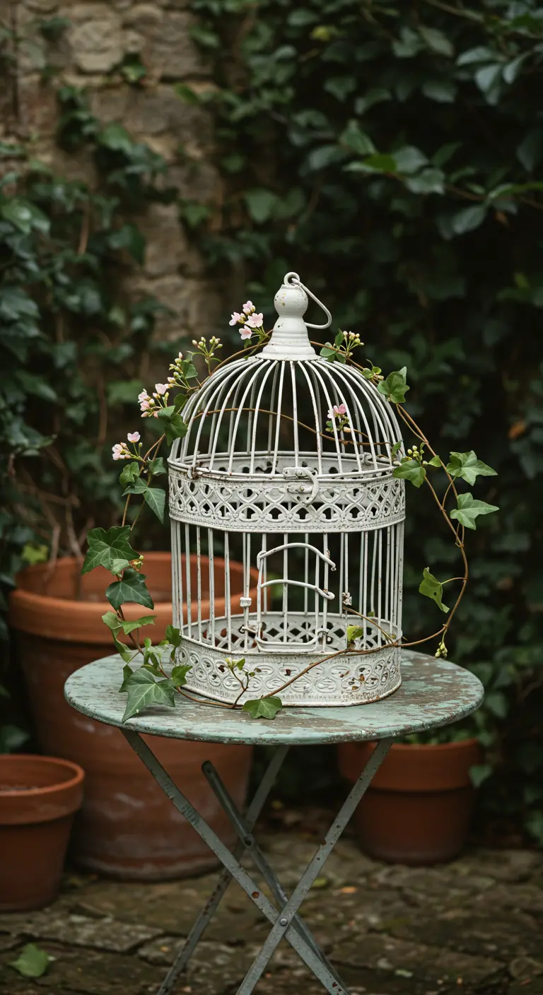 Jaula de pájaros blanca de estilo vintage sobre una mesa, decorada con una enredadera.
