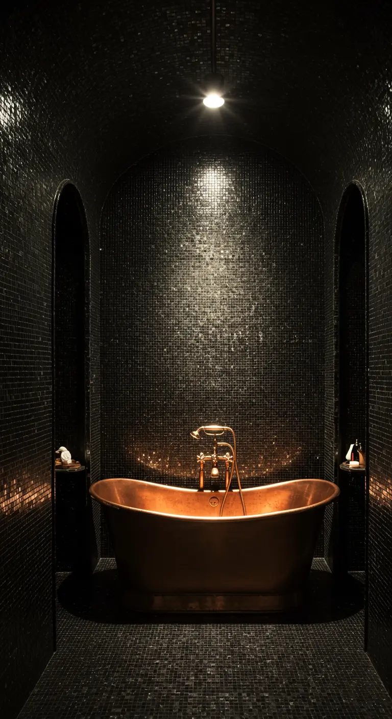 Baño oscuro con paredes de mosaico negro y una bañera de cobre como punto focal